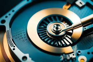 a close up of a computer disk with a mechanical device. AI-Generated photo