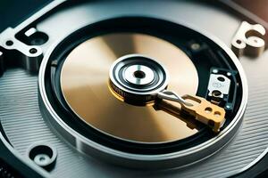 a close up of a hard disk with a gold disk. AI-Generated photo