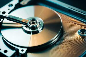 a close up of a hard drive with a metal disk. AI-Generated photo