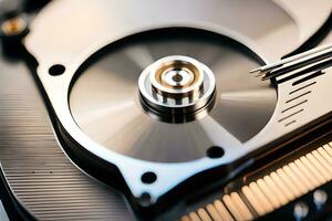 a close up of a hard drive with a metal disk. AI-Generated photo