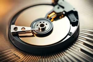 a close up of a hard drive with a metal disk. AI-Generated photo