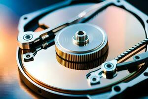 a hard drive with a metal disk and a metal disk. AI-Generated photo