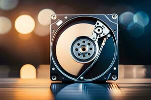 a hard drive sitting on a table with a blurry background. AI-Generated photo