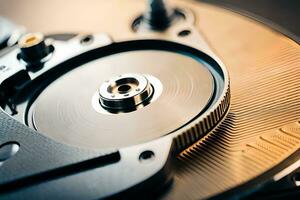 a close up of a hard drive with a metal disk. AI-Generated photo