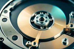 a close up of a hard drive with a disk. AI-Generated photo