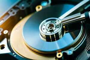 a close up of a hard drive with a metal disk. AI-Generated photo