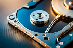 a close up of a hard drive with a metal disk. AI-Generated photo