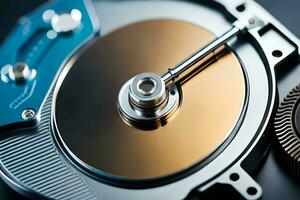 a disk drive with a metal disk and gears. AI-Generated photo
