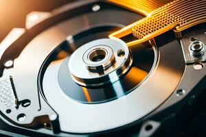 a close up of a hard drive with a yellow ribbon. AI-Generated photo