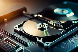 a hard disk is sitting on top of a computer. AI-Generated photo
