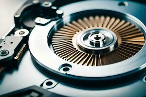 a close up of a hard drive with a metal fan. AI-Generated photo