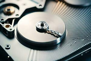 a close up of a hard drive with a disk. AI-Generated photo