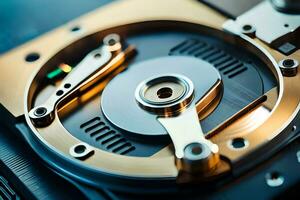 a close up of a hard drive with a metal disk. AI-Generated photo