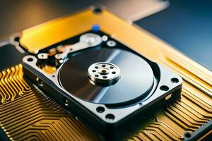 a hard disk is sitting on top of a circuit board. AI-Generated photo