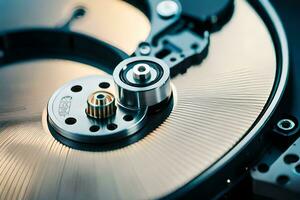 a close up of a hard drive with a metal disk. AI-Generated photo