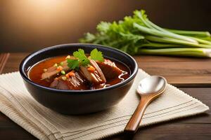 chinese beef stew in a bowl with spoon and celery on wooden table. AI-Generated photo