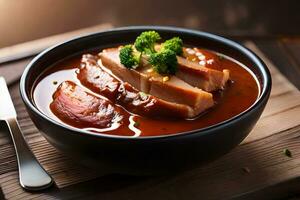 a bowl of soup with meat and broccoli. AI-Generated photo