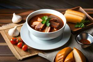 a bowl of soup with meat and bread on a wooden table. AI-Generated photo