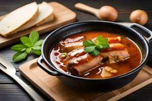 un cuenco de sopa con carne y un pan en un de madera mesa. generado por ai foto