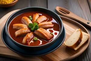 chicken soup with bread and corn on the side. AI-Generated photo