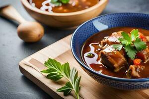 chicken stew with vegetables and herbs in a bowl. AI-Generated photo