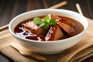 chinese pork belly in a bowl with chopsticks. AI-Generated photo