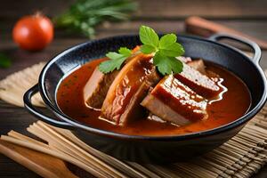 pork with tomato sauce in a bowl on a wooden table. AI-Generated photo