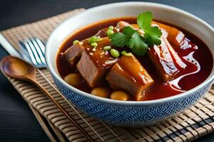 a bowl of meat and sauce on a table. AI-Generated photo