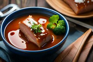 a bowl of soup with meat and broccoli. AI-Generated photo