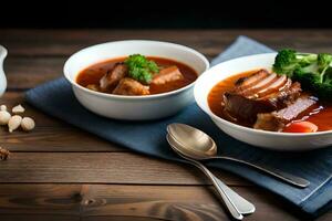 two bowls of soup with meat and broccoli. AI-Generated photo