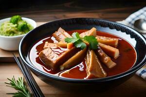 a bowl of soup with meat and vegetables. AI-Generated photo