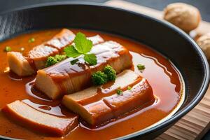 a bowl of meat and sauce with mushrooms. AI-Generated photo