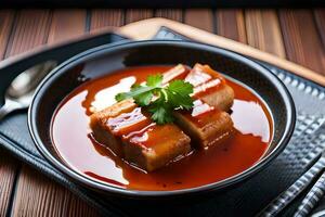 a bowl of soup with meat and sauce. AI-Generated photo