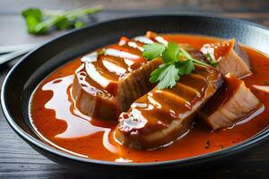 un plato de carne con salsa en él. generado por ai foto