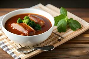 chicken soup with broccoli and meat in a bowl. AI-Generated photo