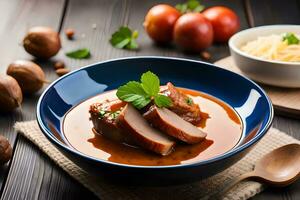 pork and mushroom soup in a blue bowl with tomatoes and parsley. AI-Generated photo