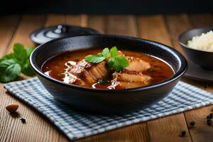 chicken curry with rice and vegetables in a bowl on a wooden table. AI-Generated photo