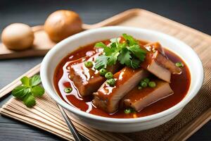 a bowl of meat and sauce on a table. AI-Generated photo