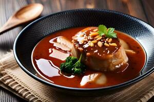 a bowl of soup with meat and broccoli. AI-Generated photo