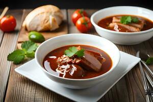 dos bochas de sopa con carne y vegetales en un de madera mesa. generado por ai foto