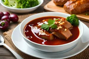 chinese pork and broccoli soup in a bowl. AI-Generated photo