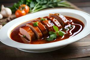 un plato de carne con salsa y vegetales. generado por ai foto