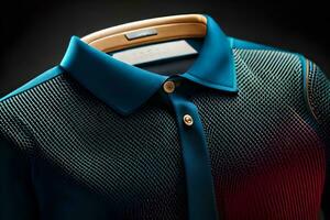 a close up of a blue shirt with a red and blue pattern. AI-Generated photo