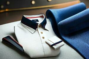 un blanco camisa, azul Corbata y azul bolsillo cuadrado. generado por ai foto