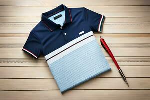 a blue polo shirt with a red pen on a wooden table. AI-Generated photo
