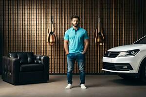 a man standing next to a white volkswagen suv. AI-Generated photo