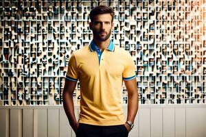 a man in a yellow polo shirt standing in front of a wall. AI-Generated photo