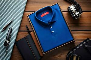 azul polo camisa, auriculares, y otro accesorios en un de madera mesa. generado por ai foto