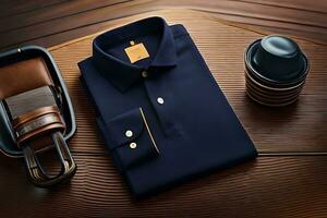 a blue shirt, belt and coffee cup on a table. AI-Generated photo