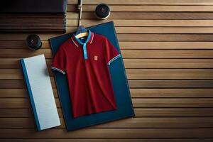 a red polo shirt on a wooden table. AI-Generated photo